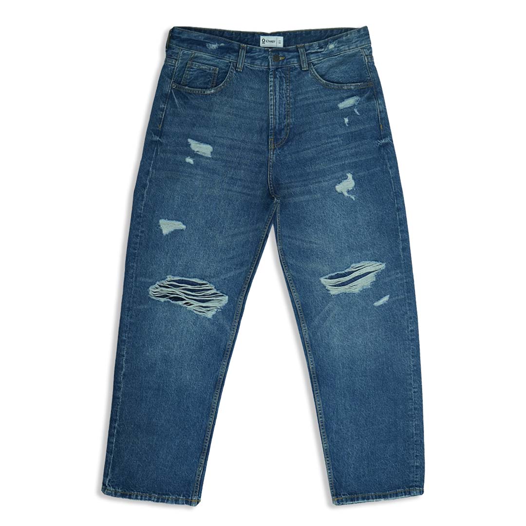 Mid Dark Distressed Baggy Jeans