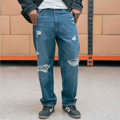 Mid Dark Distressed Baggy Jeans
