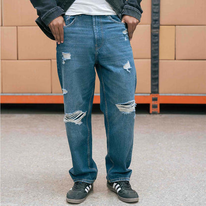 Mid Dark Distressed Baggy Jeans