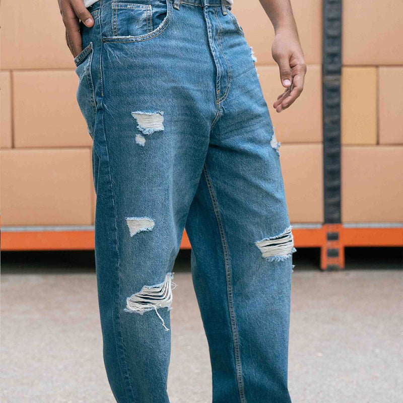 Mid Dark Distressed Baggy Jeans