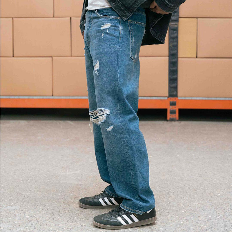 Mid Dark Distressed Baggy Jeans