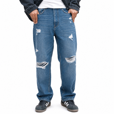 Mid Dark Distressed Baggy Jeans